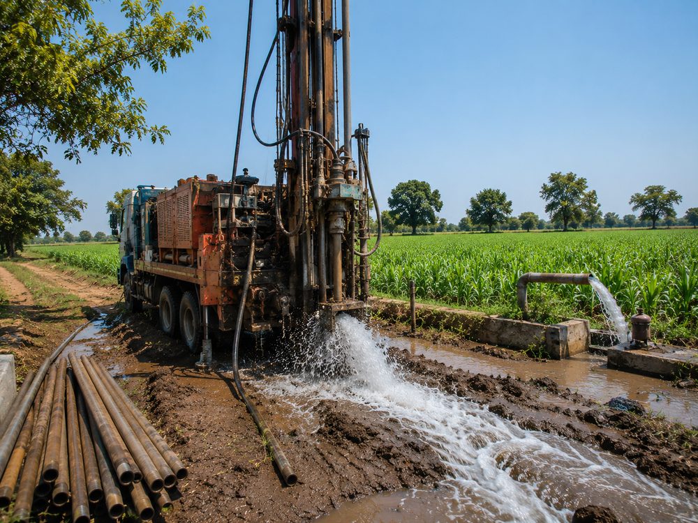 Agricultural borewell drilling rig in a farm field